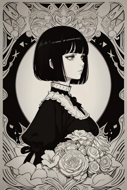 Beardsley style,ink art, pen and ink, (Best Quality,masutepiece:1.2),(black and white comic core:1.1),(extreme high contrast), 8K, SILHOUETTE, Dark ink, 1 beautiful girl, side view, Profile, victorian_gothic_costume, bob_cut_hair, bangs, Very_beautiful_face, very_beautiful_eyes, even_eyes