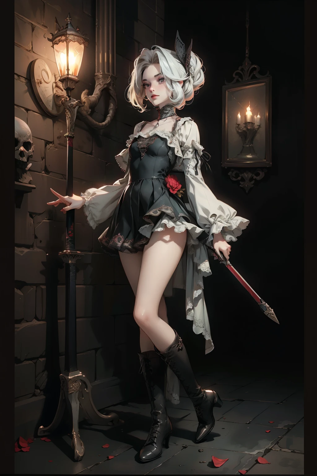  ((best quality)), ((masterpiece)), (detailed), very skinny, prominent collarbones, skinny arms, flat stomach, visible hip bones, red and white clothing, Bloodborne inspired, occult aesthetic, occult, detailed and intricate steampunk and detailed gothic, NSFW, Very dramatic and cinematic lighting, cosmic horror, grim-dark, side-lighting, perfect face, NSFW, Fluttering lace flared long knee length dress with frilly petticoats, knee length dress, pleated petticoats, lolita dress, petticoats gothic lolita, complex lace boots, side-lighting, gothic lolita aesthetic, wielding a mighty sword with mechanical components, carbine, NSFW, beautiful small breasts, small breasts, full body, whole body, body, NSFW, full body, whole body, head-to-toe NSFW 