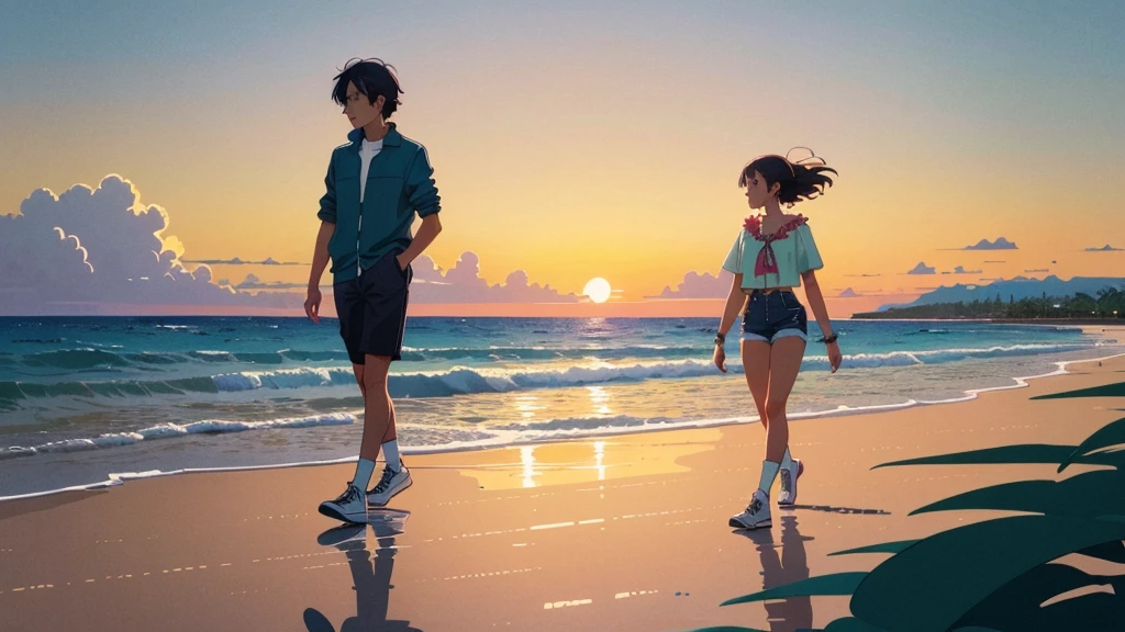 masterpiece, Highest quality, アニメ, Beautiful Asian Girl, K-Pop aesthetics and style, Sunset, 80s American hippie style, Along the Hawaiian Coast, Cute and dreamy,アニメ,Illustrator,LOFI Girl,Walking along the shore,Hawaii, foreign country,exotic,Local girl,lofi