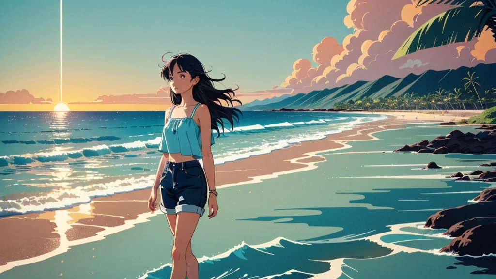 masterpiece, Highest quality, アニメ, Beautiful Asian Girl, K-Pop aesthetics and style, Sunset, 80s American hippie style, Along the Hawaiian Coast, Cute and dreamy,アニメ,Illustrator,LOFI Girl,Walking along the shore,Hawaii, foreign country,exotic,Local girl,lofi