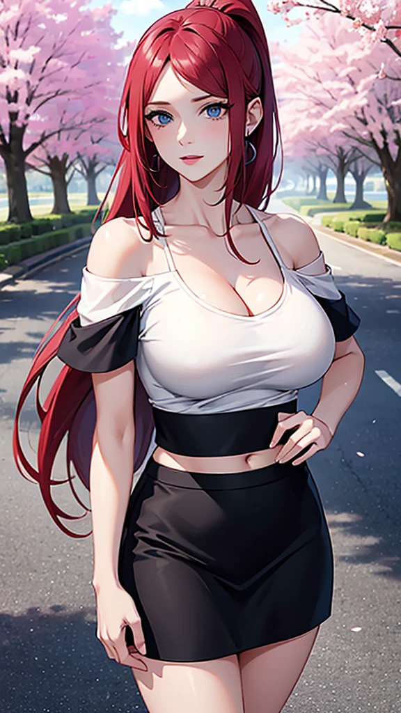 best quality, highres,uzumaki_kushina,Slender、small face、blue eyes、tall、In town、long hair、ponytail,(white short sleeve t-shirt:1.4 BREAK)、(black skirt:1.2)、(beautiful woman:1.5)、25 years old、Mature、midriff peek,(off-the-shoulder:1.3)、(I can see the cleavage:1.3),face on front , standing,cherry trees,full body shot,huge breast, cleavage,navel,bellybutton,ass,butt hole, transparent 