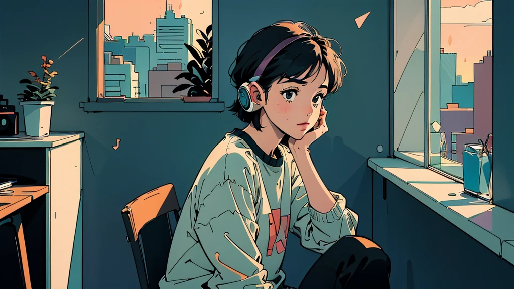 アニメ girl sitting on floor looking out window at city, アニメ aesthetic, アニメ vibes, lofi artstyle, Lo-fi portrait by the window, Watching the Sunset. アニメ, Lofty Girl, アニメ art wallpaper 4 k, アニメ art wallpaper 4k, アニメ art wallpaper 8 k, アニメ background art, Lofi Color, Lofi Art, アニメ asthetic,masterpiece, Highest quality, Rainbow Style, アニメ, Beautiful Asian Girl, Along the Hawaiian Coast, Cute and dreamy,アニメ,Illustrator,LOFI Girl, Blues,landscape,Sunset, night、Girl listening to music in a cozy room, Use headphones, 2D Style Anime, Rain outside the window、Analog Color Theme、Ghibli style