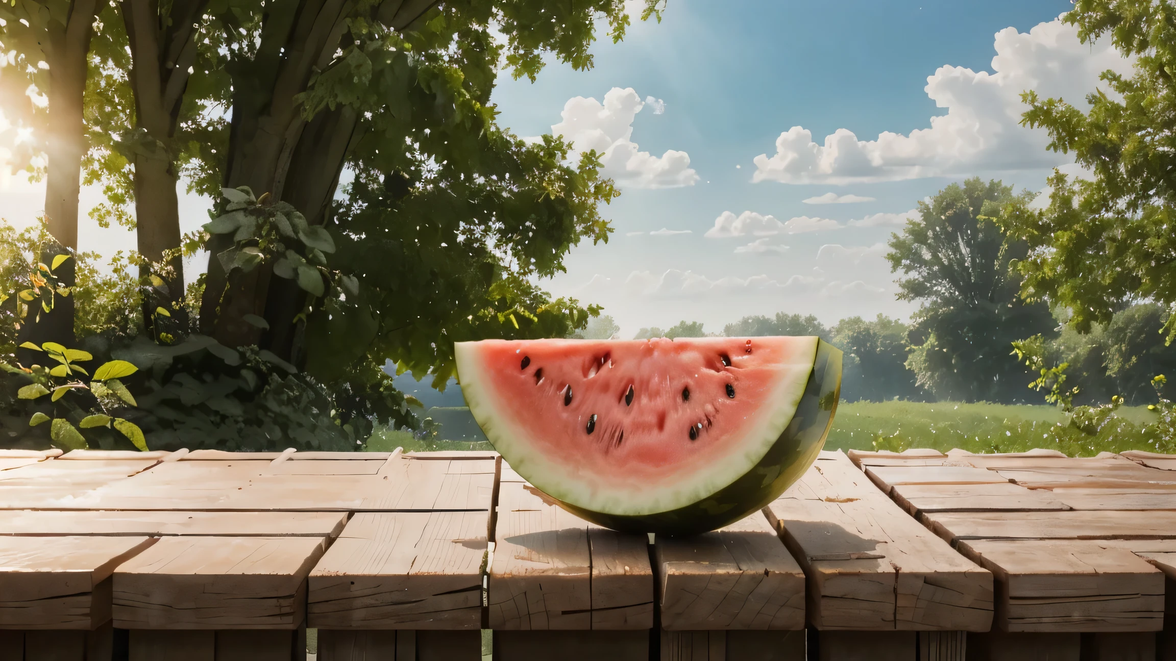 Watermelonin the sky, a refreshing summer treat. watermelon, fruit, food, no_humans, food_focus, blurry, realistic, still_life, blurry_background, depth_of_field