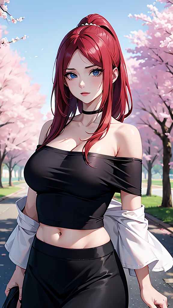 best quality, highres,uzumaki_kushina,Slender、small face、blue eyes、tall、In town、long hair、ponytail,(white short sleeve t-shirt:1.4 BREAK)、(black skirt:1.2)、(beautiful woman:1.5)、25 years old、Mature、midriff peek,(off-the-shoulder:1.3)、(I can see the cleavage:1.3),face on front , standing,cherry trees,full body shot,huge breast, cleavage,navel