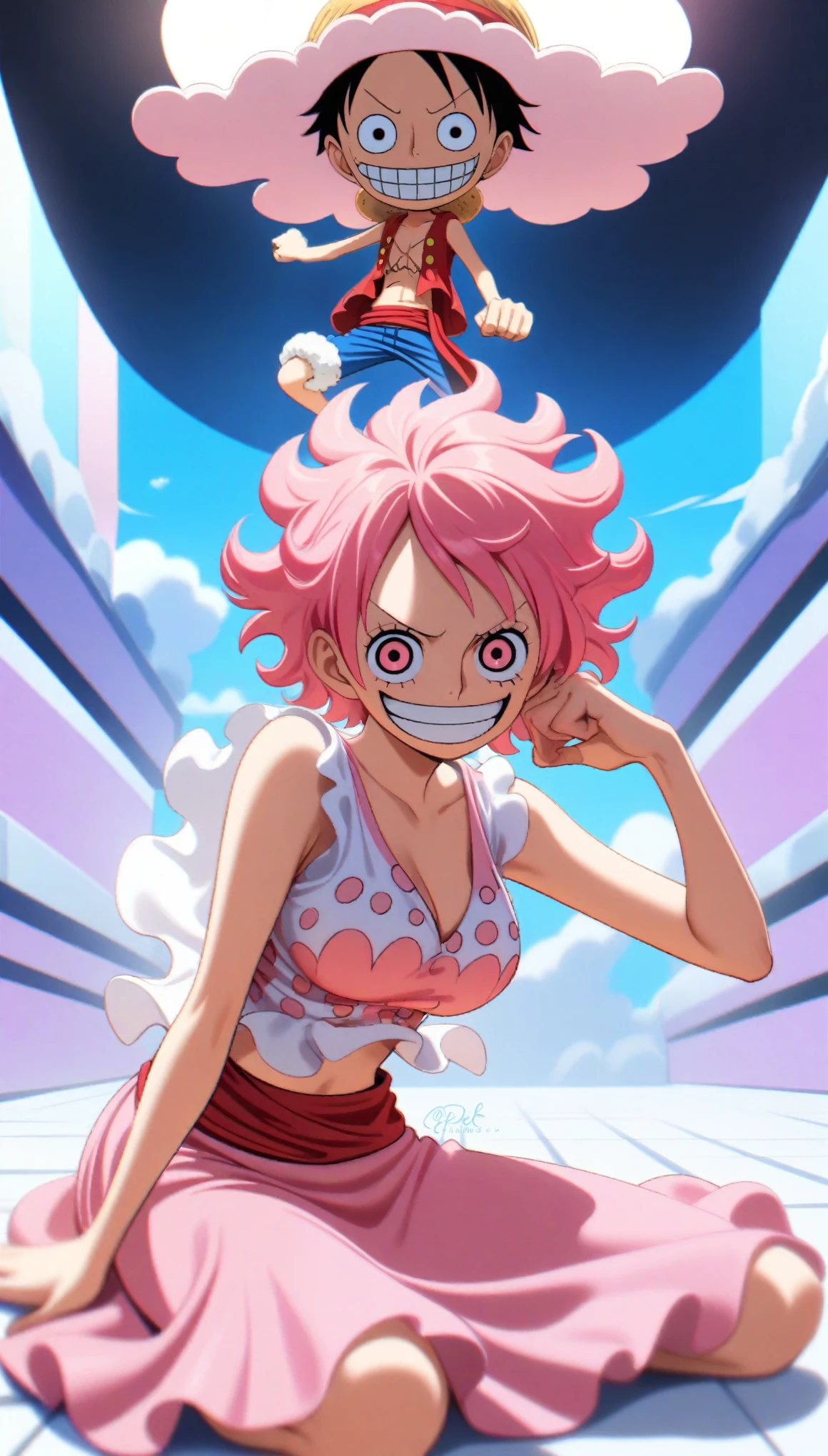 1girl, Monkey D. Luffy, One Piece, Pink hair, pink eyes, white and pink mix, pink long skirt, shes on a seiza pose, an empty and chill room