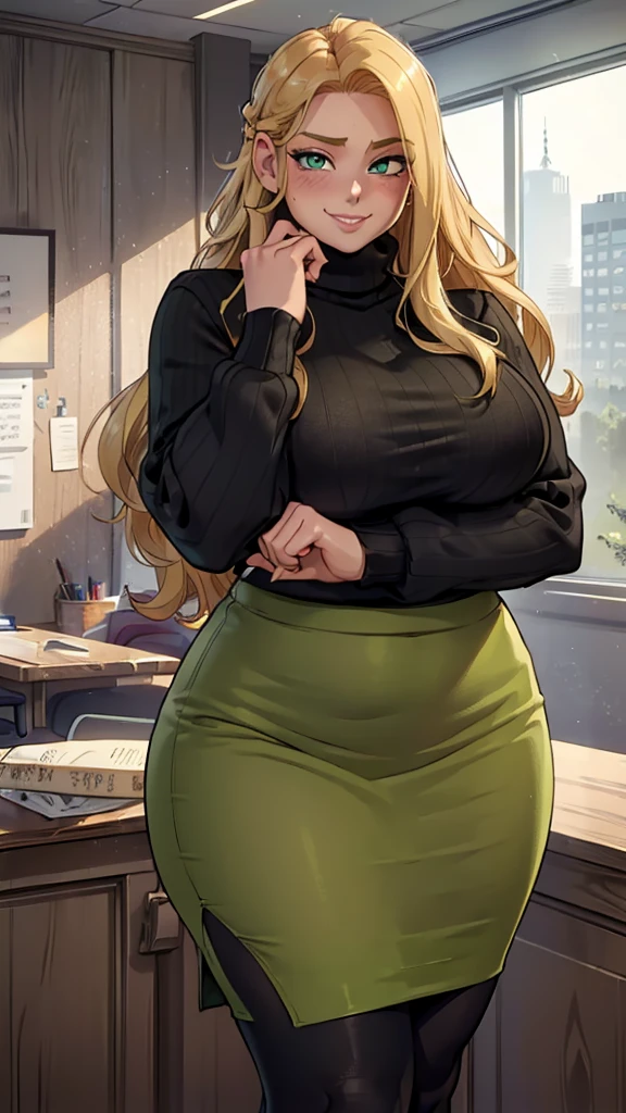 ((Masterpiece, best quality, perfect lighting, amazing shading)), perfect anatomy, field of depth, extremely beautiful, long blonde hair, hair, green eyes, green ribbed sweater, black pencil skirt, tights, cute smile, (fat), blushing, (cowboy shot), (elegant pose), office background with lots of windows, detailed background