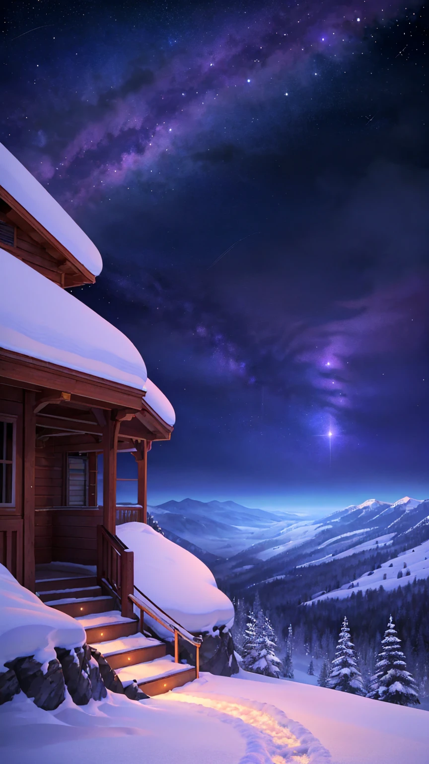 In a tranquil winter night, under the ethereal glow of a cosmic sky, a train glides gracefully along snow-covered tracks. The scene unfolds with Makoto Shinkai's signature magic realism, where the train itself seems alive with a quiet, mysterious energy. The landscape is painted in shades of deep blues and purples, reminiscent of a galaxy painted across the heavens. There are no humans in sight, only the silent companionship between the train and the vast, starlit sky. This evokes the essence of Makoto Shinkai's renowned anime backgrounds, capturing a moment of serene beauty and cosmic wonder.