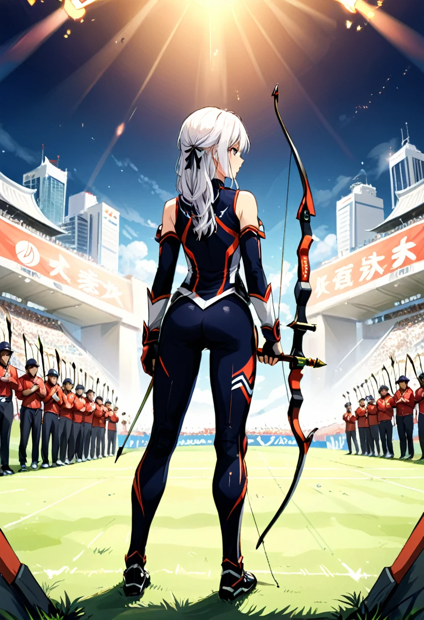 (Archer, bow and arrow), Professional archers, dressed in national team uniforms, are fully focused on adjusting their posture on the field, preparing to launch. The audience around the field is eagerly anticipating, and all eyes are focused on this decisive arrow. The background is the scene of the competition under the lighting, full body, (Photography), panoramic view, award-winning, cinematic still, emotional, vignette, dynamic, vivid, (masterpiece, best quality, Professional, perfect composition, very aesthetic, absurdres, ultra-detailed, intricate details:1.3)