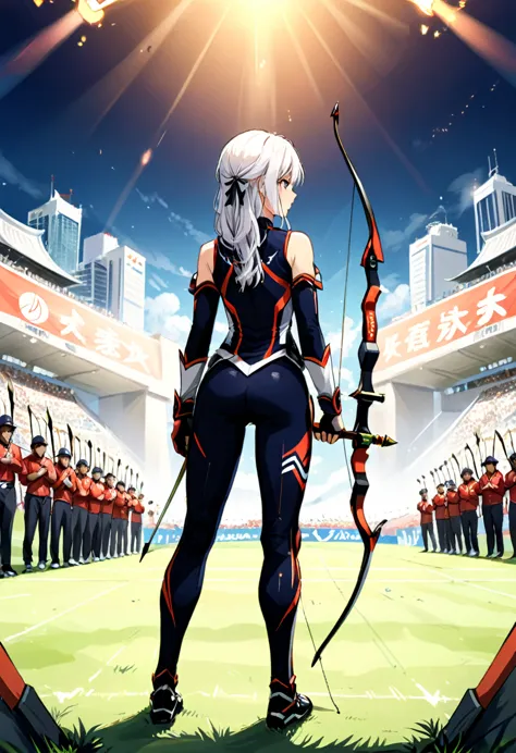 (Archer, bow and arrow), Professional archers, dressed in national team uniforms, are fully focused on adjusting their posture o...