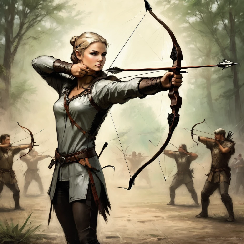 High Resolution, High Quality , Masterpiece. Archer in mid-release, focusing intently on the arrow shooting from the bow, feathers aligned perfectly with the shaft, target in the blurry background, archery range setting, dynamic tension in the muscles, high-speed capture, vibrant contrasting colors, shallow depth of field, silver and wood tones predominating, dramatic lighting