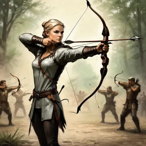 High Resolution, High Quality , Masterpiece. Archer in mid-release, focusing intently on the arrow shooting from the bow, feathe...