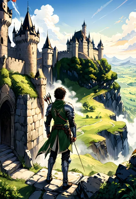 (Archer, bow and arrow), In medieval style, an elf archer patrols the ancient stone walls with vigilance. Behind him lies a towe...