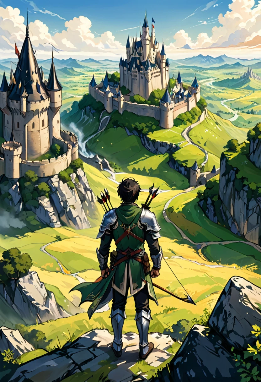 (Archer, bow and arrow), In medieval style, an elf archer patrols the ancient stone walls with vigilance. Behind him lies a towering castle and vast plains, while ahead lies an unknown danger. The characters demonstrate determination and courage, with the castle and vast plains in the background, full body, (Photography), panoramic view, award-winning, cinematic still, emotional, vignette, dynamic, vivid, (masterpiece, best quality, Professional, perfect composition, very aesthetic, absurdres, ultra-detailed, intricate details:1.3)