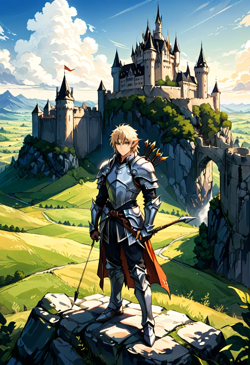 (Archer, bow and arrow), In medieval style, an elf archer patrols the ancient stone walls with vigilance. Behind him lies a towering castle and vast plains, while ahead lies an unknown danger. The characters demonstrate determination and courage, with the castle and vast plains in the background, full body, (Photography), panoramic view, award-winning, cinematic still, emotional, vignette, dynamic, vivid, (masterpiece, best quality, Professional, perfect composition, very aesthetic, absurdres, ultra-detailed, intricate details:1.3)