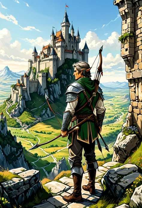 (Archer, bow and arrow), In medieval style, an elf archer patrols the ancient stone walls with vigilance. Behind him lies a towe...