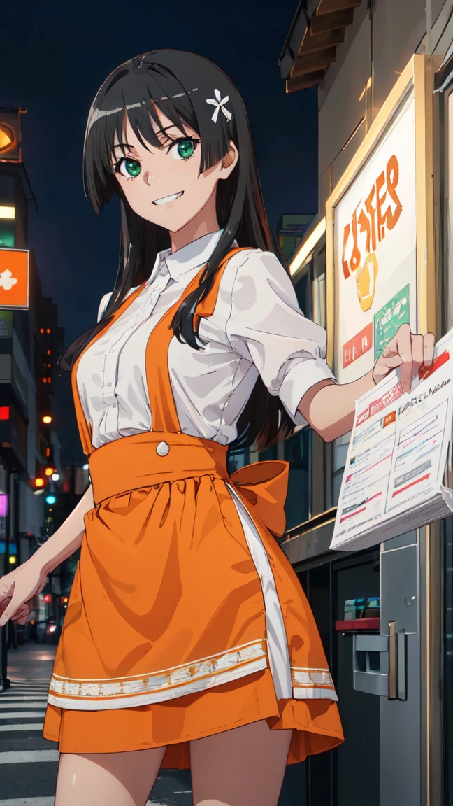  (High resolution:1.4), (masutepiece:1.2), (High quality:1.3) 1girl, saten ruiko, green eyes, long hair, black hair, small breast, Orange Skirt, orange apron, High Waist Skirt, white shirt, waitress, mini skirt, Bursting Busty,, cinematic lighting,  grin, pov