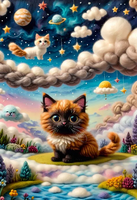 needle felt art, wool felt art, kitten masterpiece, floating kitten、fluffy clouds、brown cat、a dreamy space、2.5d