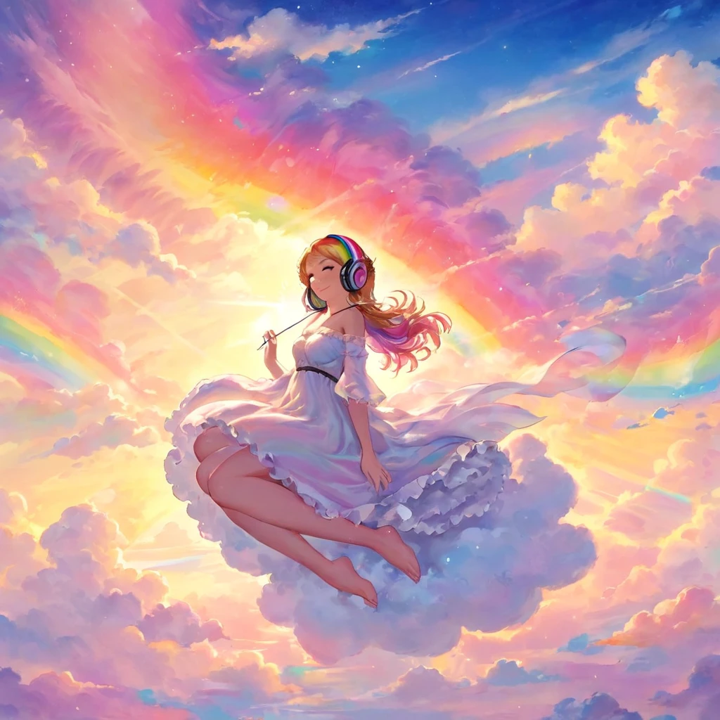 Une femme incroyablement éthérée, porter des écouteurs, composé d&#39;une gamme éblouissante de teintes arc-en-ciel, s&#39;incline gracieusement au bout d&#39;un arc-en-ciel radieux au milieu des nuages duveteux du ciel. Baigné d’un éclairage dynamique et enchanteur, accentue son dynamisme, forme corsée. art fantastique. chef-d&#39;œuvre 