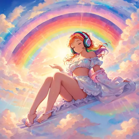 A stunningly ethereal woman, wearing headphones, composed of a dazzling array of rainbow hues, reclines gracefully at the end of...