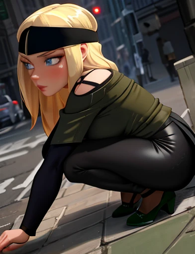 (masterpiece,best quality,absurdres,beautiful,aesthetic,detailed),cinematic angle, (Detailed face:1.2), (Detailed eyes:1.2), 1girl, solo (Gwen Stacy:1.1), curvy, bottom heavy,platinum blonde hair, bright blue eyes, ((Wearing: Black headband, olive green sweater, black leggings, black heels)), she is outside on New York streets, crowds of people on the surroundings, busy atmosphere, cinematic lighting, detailed background, she tries to crawl into a manhole but she is tightly stuck in the manhole by the hips, waiting for spider man to save her
