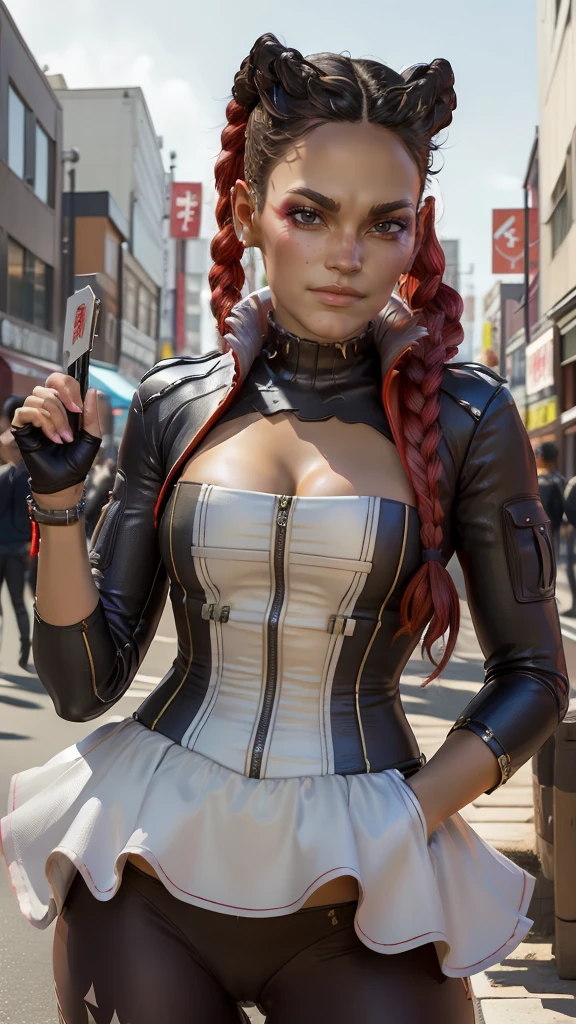 masutepiece, Loba Apex Legends, Best Quality, 1girl in,  Upper body, (look at viewr:1.4), TOKYOcity、Street、A smile、loba cassic suits, 