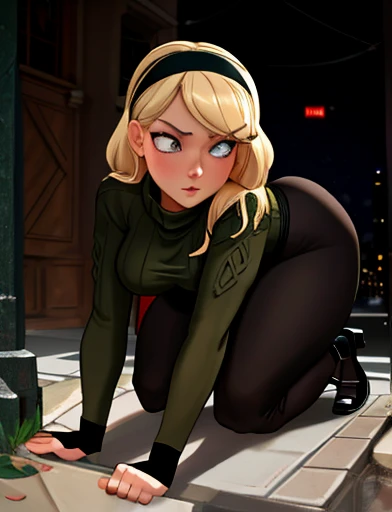 (masterpiece,best quality,absurdres,beautiful,aesthetic,detailed),cinematic angle, (Detailed face:1.2), (Detailed eyes:1.2), 1girl, solo (Gwen Stacy:1.1), curvy, bottom heavy,platinum blonde hair, bright blue eyes, ((Wearing: Black headband, olive green sweater, black leggings, black heels)), she is outside on New York streets, crowds of people on the surroundings, busy atmosphere, cinematic lighting, detailed background, she tries to crawl into a manhole but she is tightly stuck in the manhole by the hips, waiting for spider man to save her
