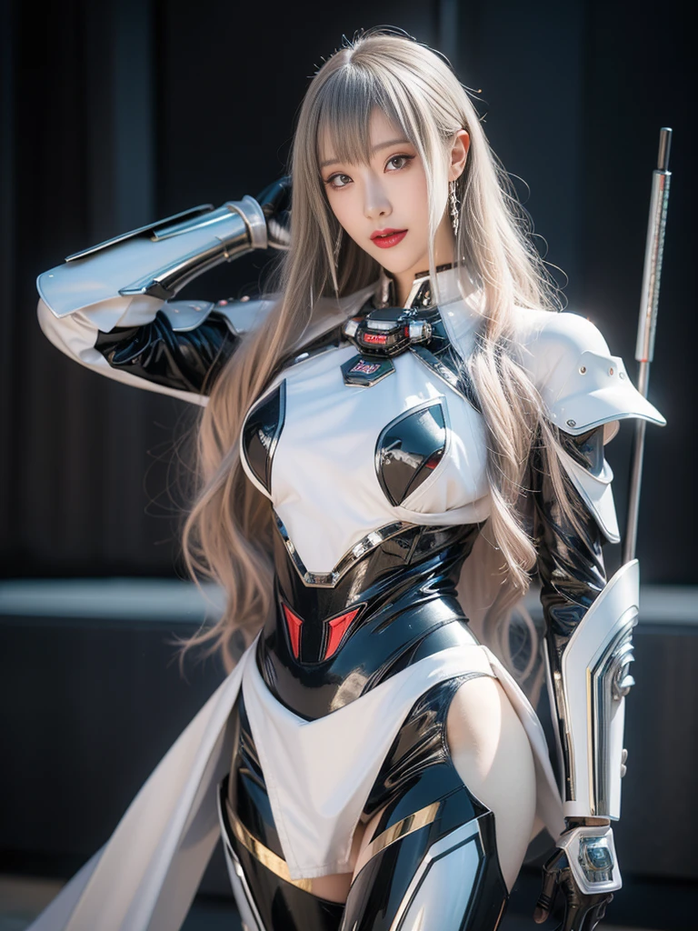 Super Detail, High Detail, high quality, best quality, High resolution，1 female robot，Beautiful female robot,beautiful clear face(Rain waves_haneame：1.5)， Realistic, High resolution, Soft Light,Hips up, (Detailed face), silver hair, long hair, Mecha Maiden, Colorful mechanical parts, mechanical joint, Thick mechanical armor,Weaponry, All metal body, Technology Antenna Hair Accessories