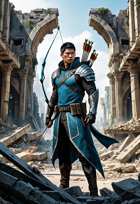 (Archer, bow and arrow), In a futuristic style, an Asian archer with high-tech equipment shuttles through the ruins of a ruined ...