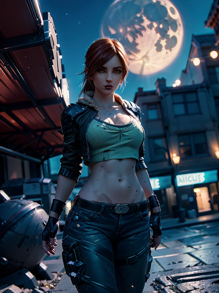 A charismatic girl is standing on top of a city at night. She has beautiful blue eyes that shine under the full moon. The scene is captured in the highest quality, with a resolution of 4k, creating an ultra-realistic and highly detailed image. The girl's full body is highlighted, showcasing her elegant pose and captivating presence. The cityscape is illuminated by dynamic lights, creating a vibrant and dynamic atmosphere. The color palette is dominated by the cool tones of the night, with deep blues and mysterious shadows. The full moon is the focal point, casting a gentle glow over the entire scene