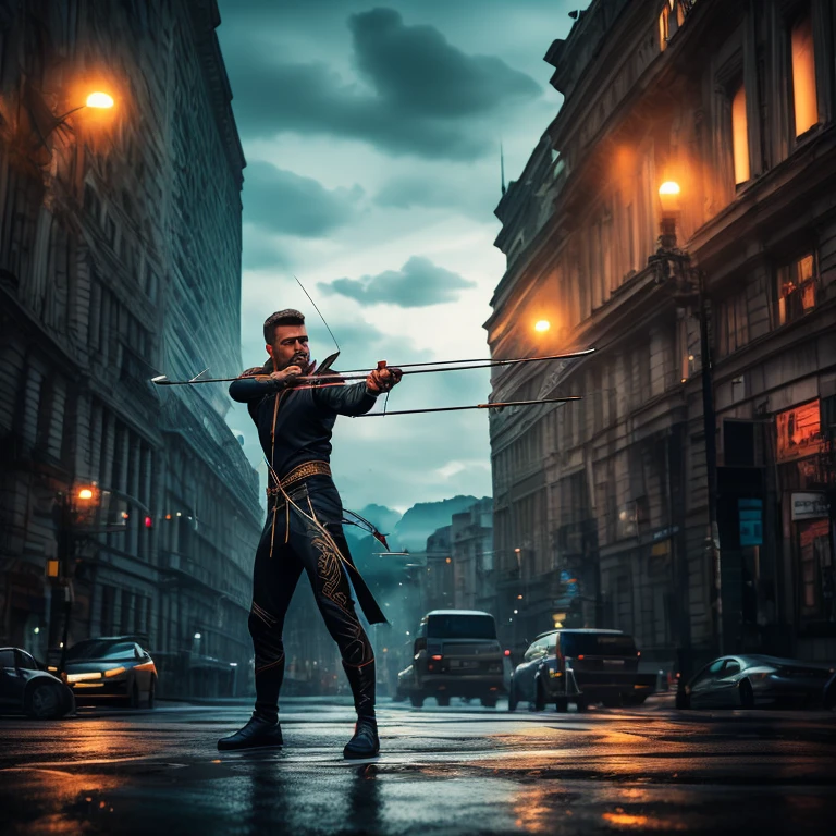 Archer, bow and arrow, Archery pose, full body, by Alena Aenami, dramatic composition, cinematic dynamic action scene, vibrant colors, cinematic lighting, dramatic lighting, best quality, masterpiece, very aesthetic, perfect composition, intricate details, ultra-detailed