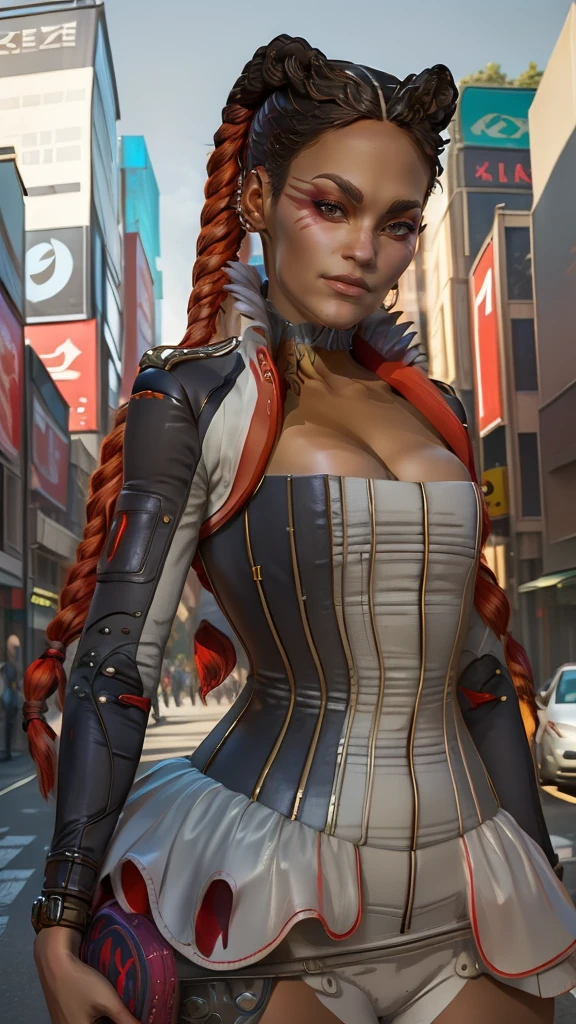 masutepiece, Loba Apex Legends, Best Quality, 1girl in,  Upper body, (look at viewr:1.4), TOKYOcity、Street、A smile、loba cassic suits, 