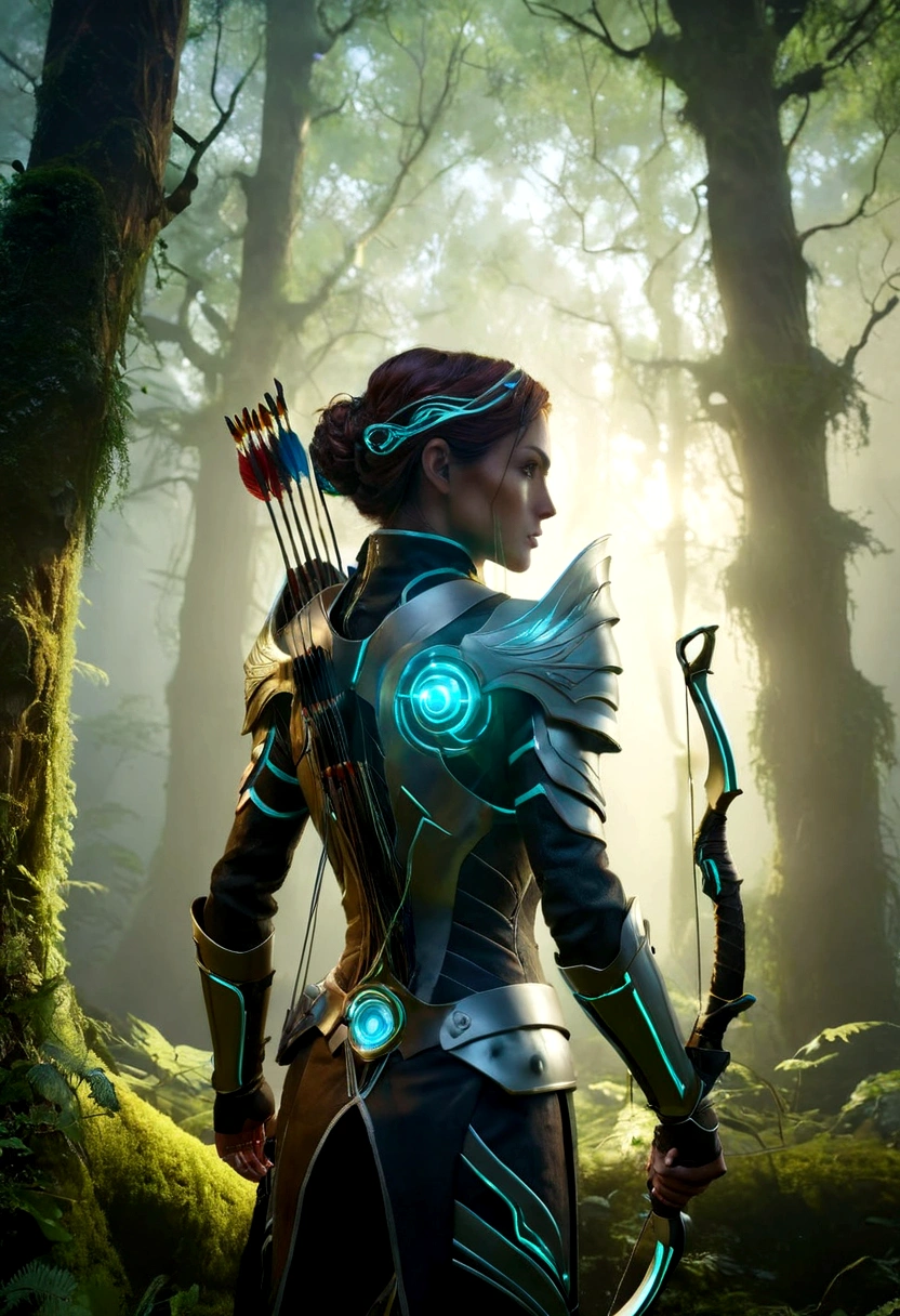 a double exposure style futuristic cybernetic armed archer, blended with a magical forest, extremely detailed, 8k, photorealistic, cinematic lighting, dramatic colors, dynamic composition, intricate details, sharp focus, vivid colors, unreal engine, digital art, fantasy, epic, mystical, enchanting, moody atmosphere, dynamic pose, flowing hair, intricate armor, glowing energy effects, lush foliage, ancient trees, glowing mushrooms, ethereal mist, otherworldly ambiance