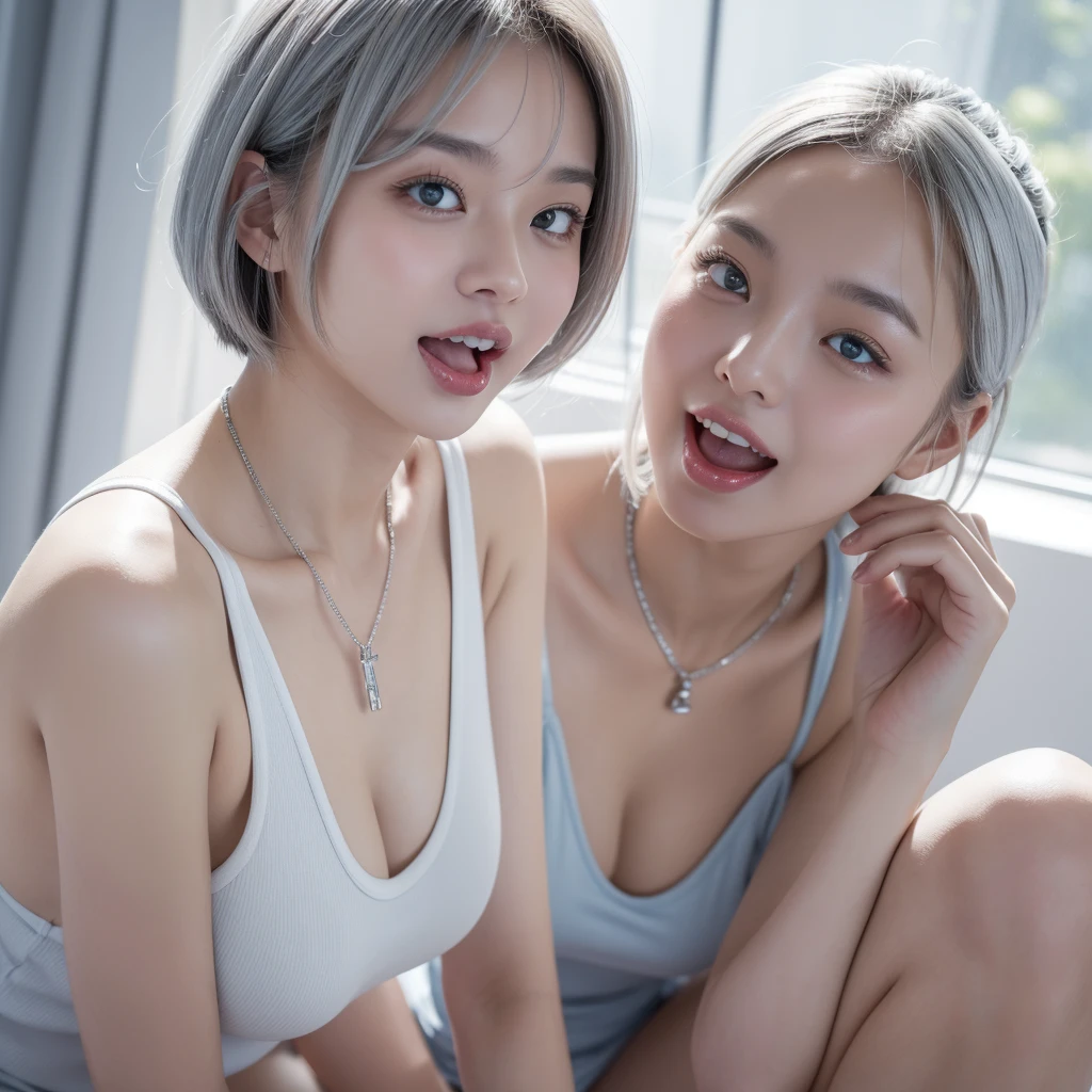 One Woman、Realistic、Lean forward with hands on knees、View your viewers、high quality、Sticking out tongue like an animal、gravure、White and light blue theme、Ecstatic expression、Silver Necklace、Very detailed、Beautiful breasts、bob without bangs