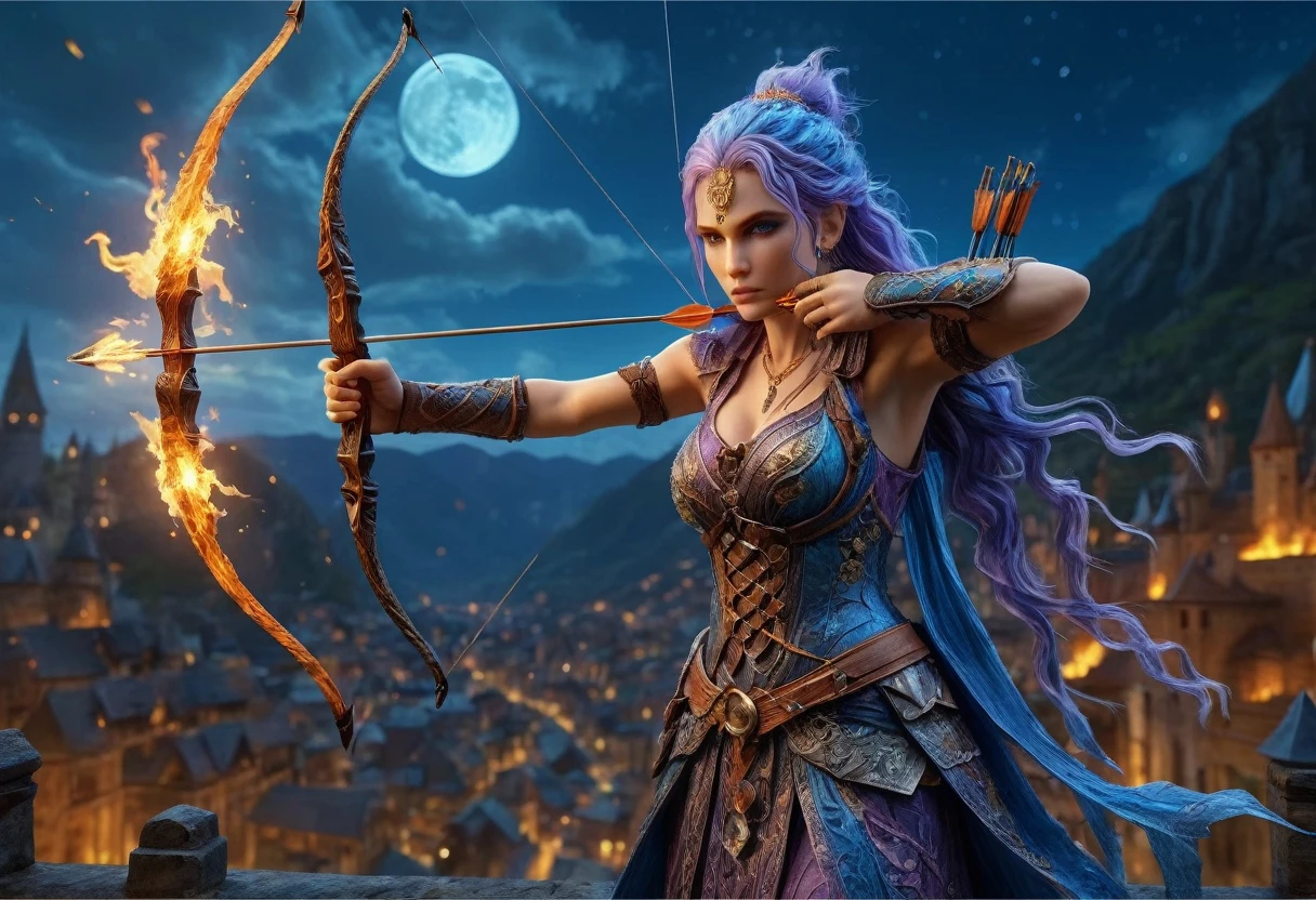 a picture of fire sorceress firing a flaming arrow from a magnificent epic bow, an (elite glamour beautiful: 1.2), fire sorceress, ultra detailed face,  perfect face, blue hair, long hair, wavy hair, wearing wild glamour dress, intricate dress, purple dress , with fire patterns on it, aiming an epic bow with a flaming arrow,  dynamic bow, sting drawn to the cheek , arrow ready to be shot, dynamic bow, sting drawn to the cheek , arrow ready to be shot, it is night, moon light, starry night, cloudy night,  high details, best quality, 16k, [ultra detailed], masterpiece, best quality, (extremely detailed), dynamic angle, full body shot, fantasy urban street at night bacground,  ,faize, firing and arrow, bow (weapon)