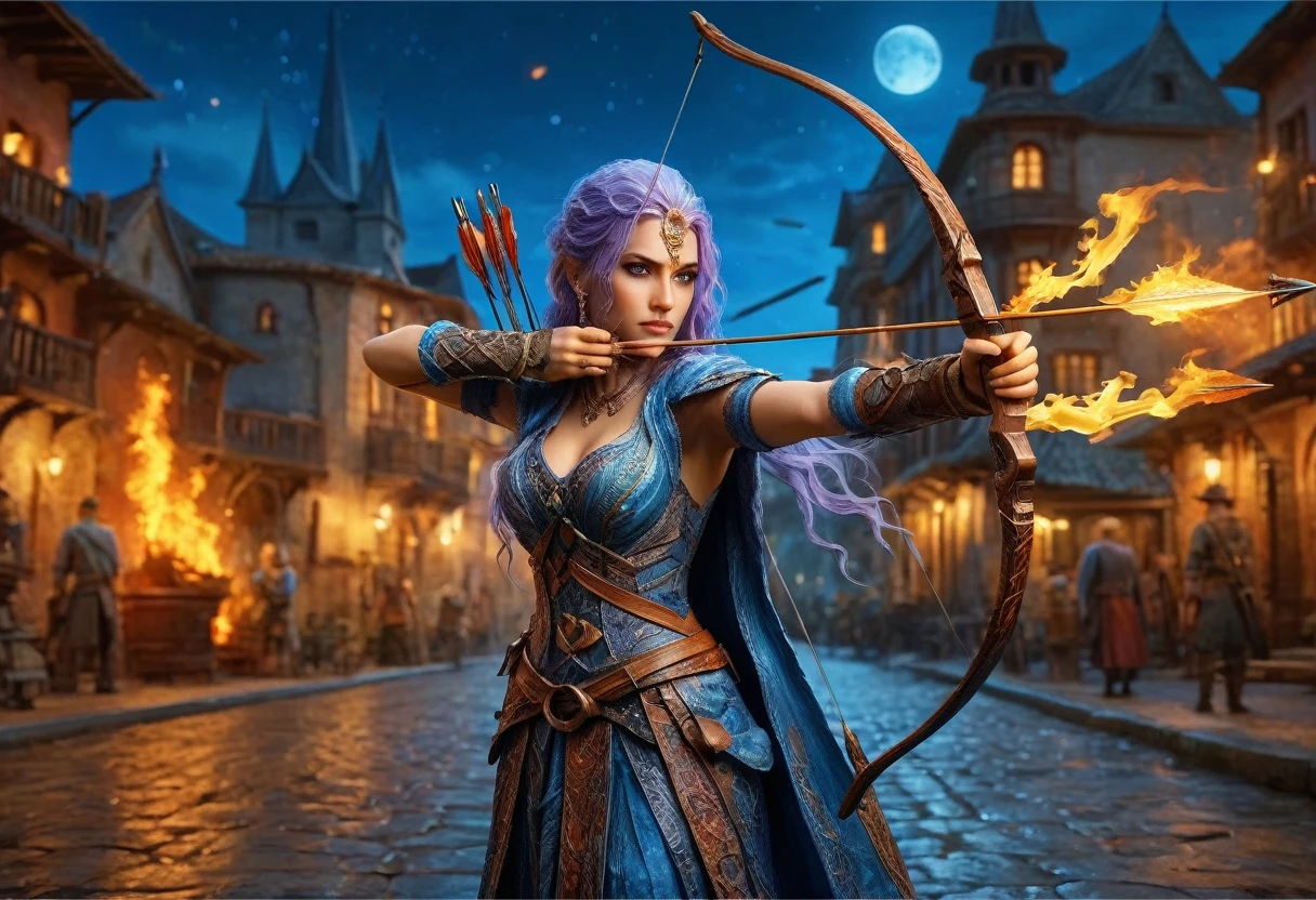 a picture of fire sorceress firing a flaming arrow from a magnificent epic bow, an (elite glamour beautiful: 1.2), fire sorceress, ultra detailed face,  perfect face, blue hair, long hair, wavy hair, wearing wild glamour dress, intricate dress, purple dress , with fire patterns on it, aiming an epic bow with a flaming arrow,  dynamic bow, sting drawn to the cheek , arrow ready to be shot, dynamic bow, sting drawn to the cheek , arrow ready to be shot, it is night, moon light, starry night, cloudy night,  high details, best quality, 16k, [ultra detailed], masterpiece, best quality, (extremely detailed), dynamic angle, full body shot, fantasy urban street at night bacground,  ,faize, firing and arrow, bow (weapon)