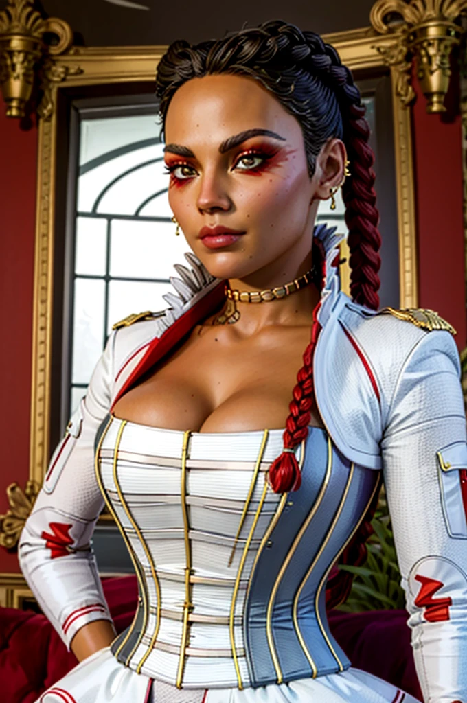 loba, lobapex corset, lobapex jacket, lobapex choker, lobapex earrings, twin braids, red eyeshadow, tattoo, portait, cleavage, looking at viewer, standing in mansion, beautiful, ((masterpiece:1.2)), ((best quality:1.2)), extremely detailed face, perfect eyes, perfect face, perfect lighting, 