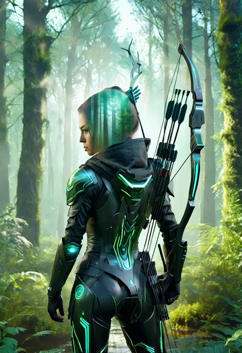 double exposure style futuristic cybernetic armed archer, blended with a magical forest, extremely detailed, 8k, photorealistic, 