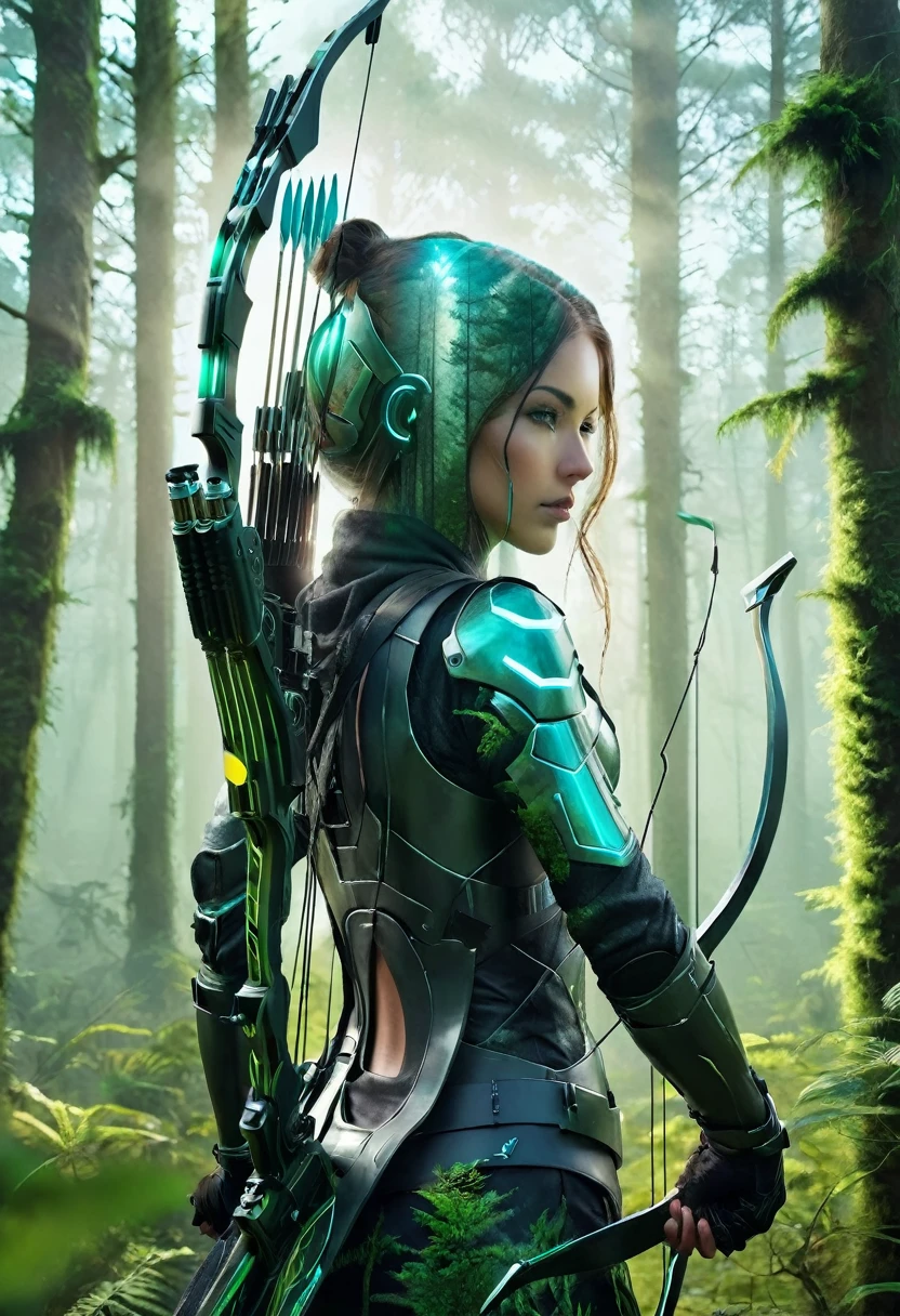 double exposure style futuristic cybernetic armed archer, blended with a magical forest, extremely detailed, 8k, photorealistic, 