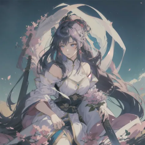 anime girl with long hair and a sword in a field of flowers, guweiz, guweiz on pixiv artstation, anime style 4 k, cushart krenz ...