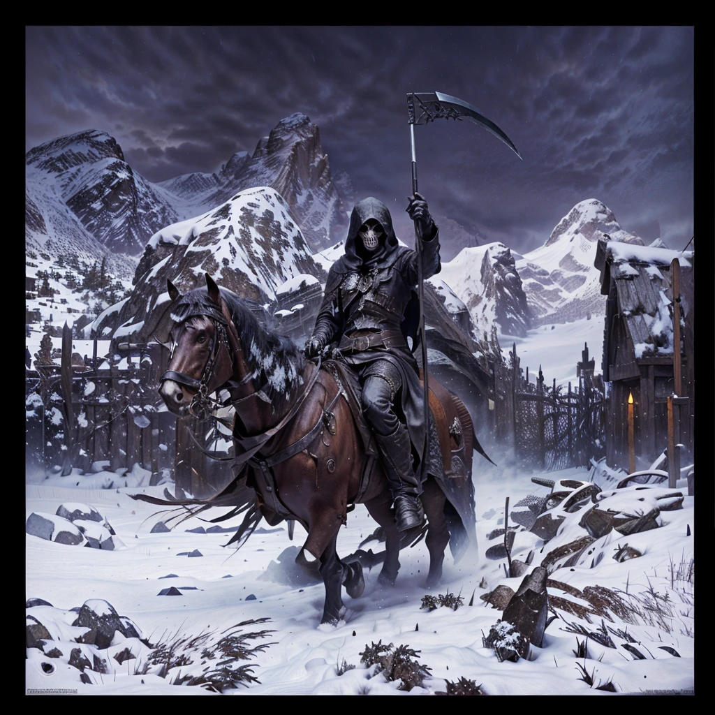 hooded death on horseback with a scythe in the snow, A dark (hooded) figure, with the face of death depicted as a skull, holding an hourglass in his right hand and raising an imposing oz with his left hand, dark fantasy oil painting, cinematic lighting, detailed facial features, detailed clothing, dramatic composition, moody colors, deep shadows, intricate background details, realistic rendering, masterpiece, cinematic lighting, photorealistic, highly detailed, dramatic atmosphere, chiaroscuro, muted color palette, intricate details, mystical and foreboding tone
