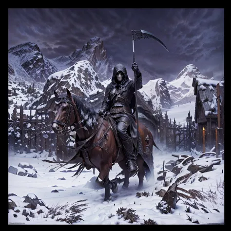 hooded death on horseback with a scythe in the snow, a dark (hooded) figure, with the face of death depicted as a skull, holding...