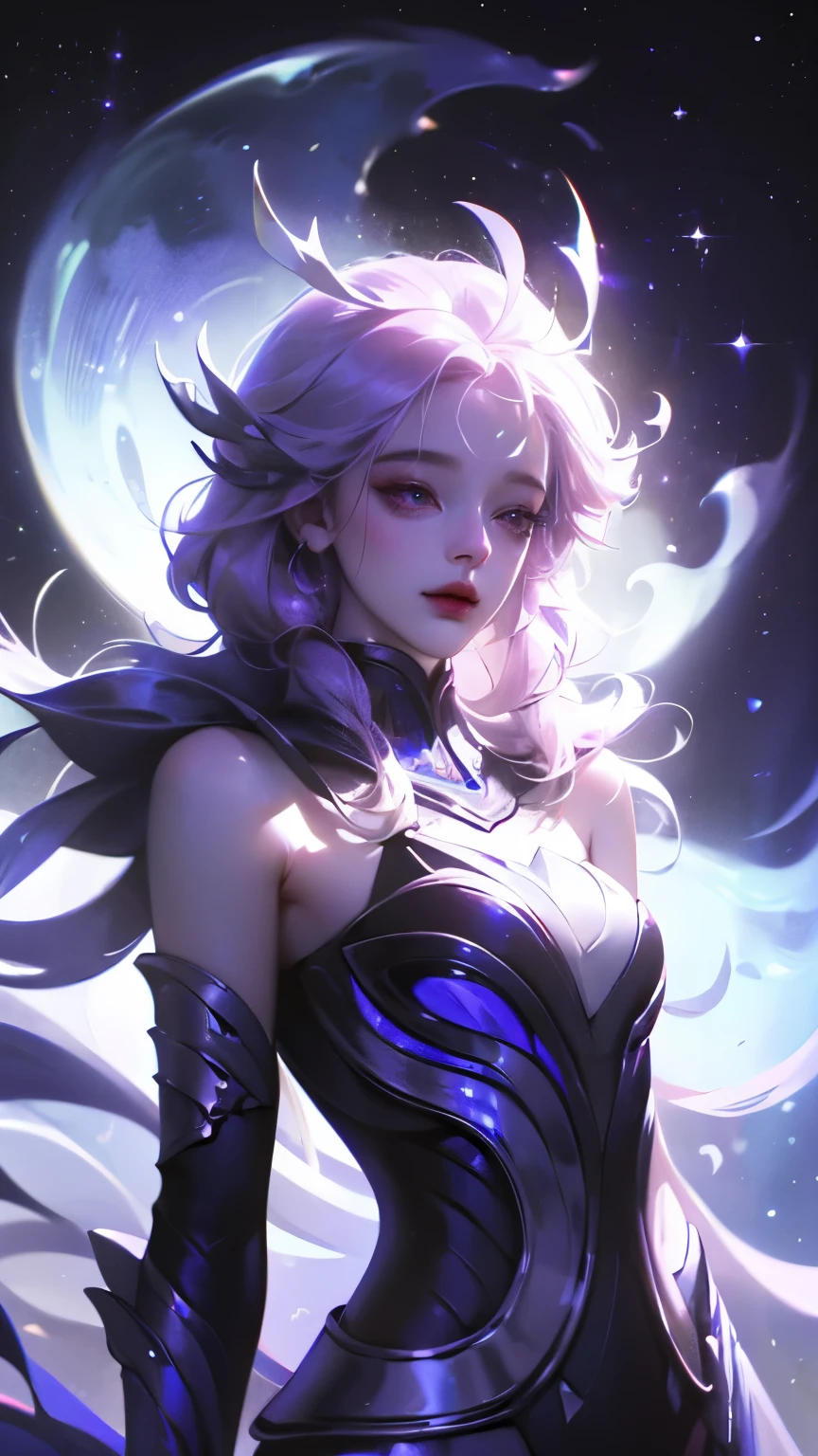 ((girl, fur)), Brilliant eyes, blue pupils，smile，Armor Damage, fur少女,long hair, ceramic body, hip gap, ((The background is a city with a technology feel.)),The starry sky is magnificent， (translucent, Reflective skin), (Surrealism: 1.4)