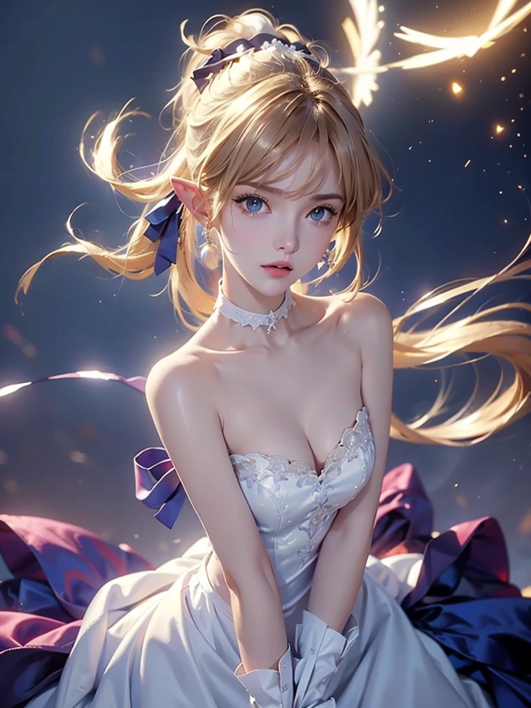 masterpiece,highest quality, One Girl, gloves, Elbow Groove, choker, White dress, chest, clavicle, ponytail, White gloves, Chest cleavage, Strapless Dress, bow, Exposing shoulders, short hair, Blue choker, Hair bow, Blue Ribbon, big breast, adult 18 years old, full body, head to leg, detailed body, detailed face, elf ears, no weapon, facing viewer.