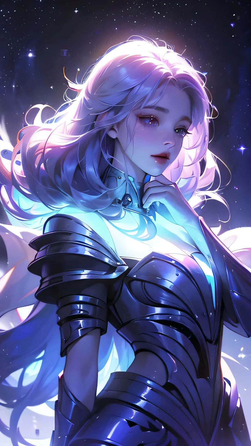 ((girl, fur)), Brilliant eyes, blue pupils，smile，Armor Damage, fur girl,long hair, ceramic body, hip gap, ((The background is a city with a technology feel.)),The starry sky is magnificent， (translucent, Reflective skin), (Surrealism: 1.4)