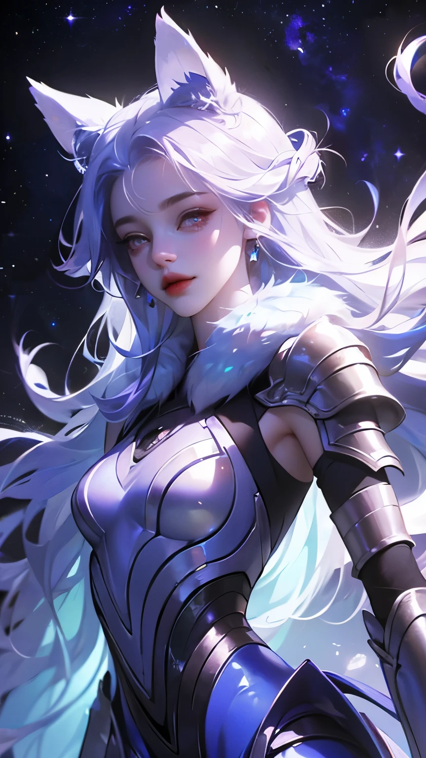 ((girl, fur)), Brilliant eyes, blue pupils，smile，Armor Damage, fur girl,long hair, ceramic body, hip gap, ((The background is a city with a technology feel.)),The starry sky is magnificent， (translucent, Reflective skin), (Surrealism: 1.4)