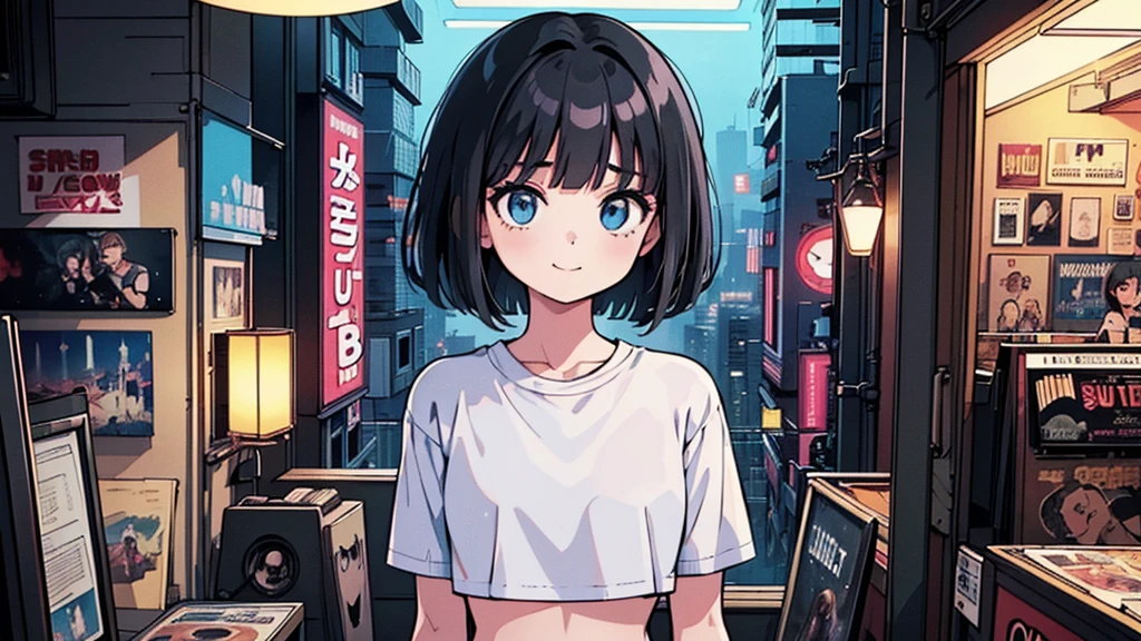 1 girl, solo, blue eyes, (detailed eyes), flat chest, short hair, black hair, upper body, gentle smile on her face, sitting up straight((masterpiece, illustration, best quality) A very detailed beautiful woman, Perfect face,Black Hair, bob cut,Bangs, Gray eyes, Top of crop, Short sleeve, crop top, Super detailed, Retro Wave, Cyberpunk, Sad atmosphere, night light through the window, night vibes, Room, 2d, (long shot), Old comics, (A lot of records:1.3), vinyl plastic record shop, (masterpiece, best quality, best quality, Official Art, beautiful and aesthetic: 1.2), Old anime texture, Solitary, Cyberpunk, vinyl plastic, night