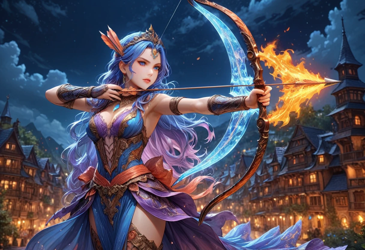 a picture of fire sorceress firing a flaming arrow from a magnificent epic bow, an (elite glamour beautiful: 1.2), fire sorceress, ultra detailed face,  perfect face, blue hair, long hair, wavy hair, wearing wild glamour dress, intricate dress, purple dress , with fire patterns on it, aiming an epic bow with a (diamond tip arrowhead: 1.3),  dynamic bow, sting drawn to the cheek , arrow ready to be shot, dynamic bow, sting drawn to the cheek , arrow ready to be shot, it is night, moon light, starry night, cloudy night,  high details, best quality, 16k, [ultra detailed], masterpiece, best quality, (extremely detailed), dynamic angle, full body shot, fantasy urban street at night bacground,  ,faize, firing and arrow, bow (weapon)