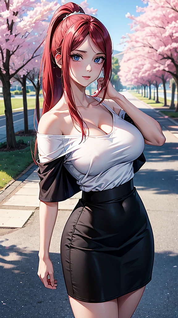 best quality, highres,uzumaki_kushina,Slender、small face、blue eyes、tall、In town、long hair、ponytail,(white short sleeve t-shirt:1.4 BREAK)、(black skirt:1.2)、(beautiful woman:1.5)、2、Mature、midriff peek,(off-the-shoulder:1.3)、(I can see the cleavage:1.3),face on front , standing,cherry trees,full body shot,huge breast, cleavage,navel,bellybutton,ass,butt hole, transparent 