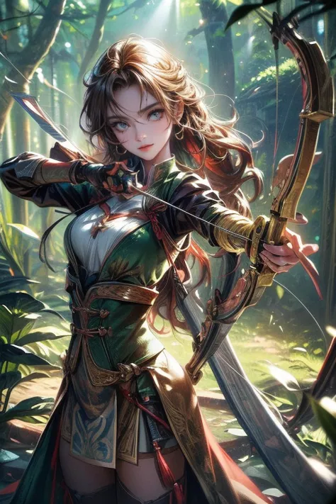 A beautiful young girl, archer, detailed facial features, long wavy hair, determined expression, aiming bow and arrow, forest ba...