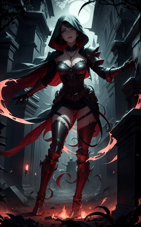 gothic vampire captain, short black hair, neckleace, in sexy armor in the cemetery in the background of a mansion, full body fla...